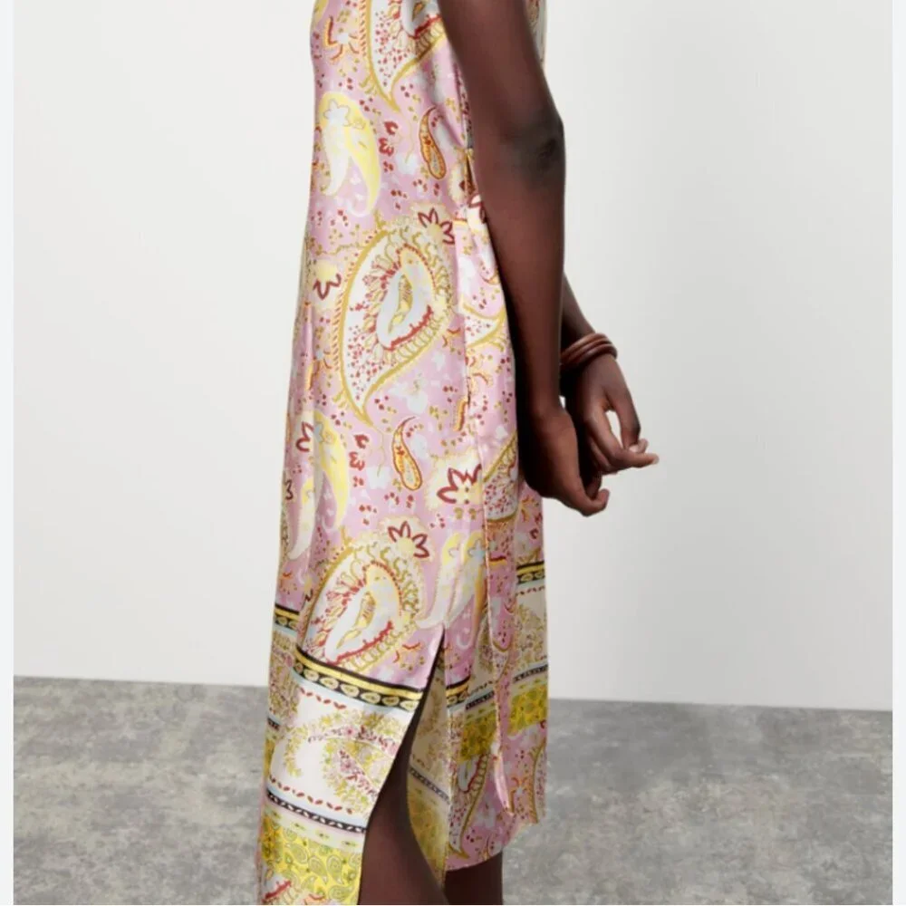 ZARA Floral Paisley Satin Kaftan Tunic Dress  Pink & Gold Women Small  Boho  NWT - Picture 11 of 14